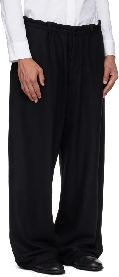 Yohji Yamamoto Black Wool Gabardine Side Tuck Trousers In Black