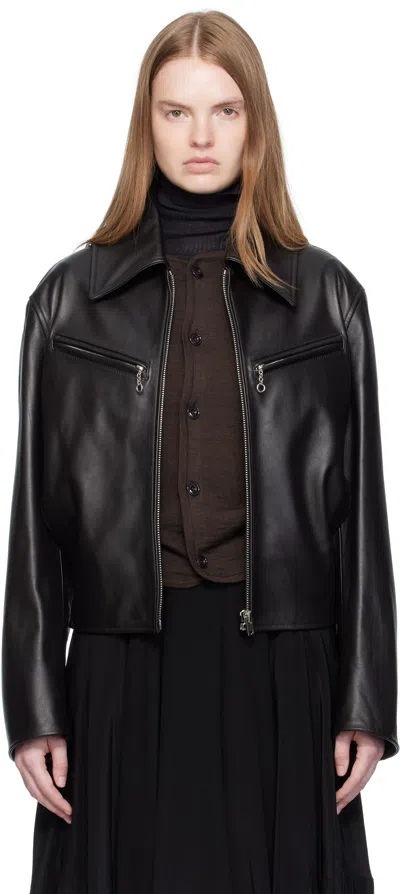 Lemaire Brown Boxy Leather Blouson Jacket In Black