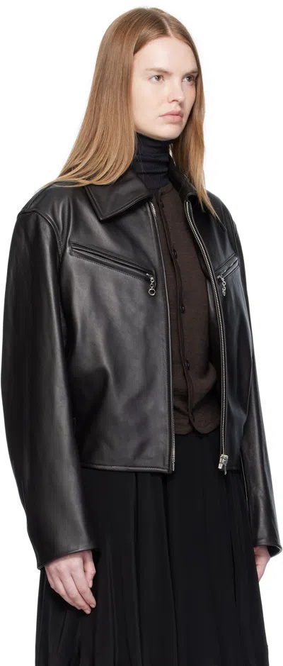 Lemaire Brown Boxy Leather Blouson Jacket In Black