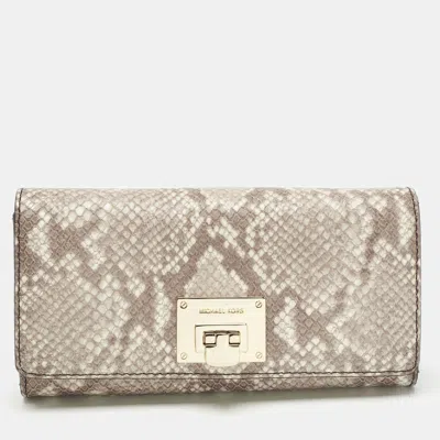 Pre-owned Michael Kors Cocoa Python Embossed Leather Carryall Wallet In Sand