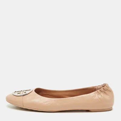 Pre-owned Tory Burch Beige Leather Scrunch Ballet Flats Size 41 In Sand