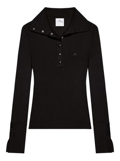 Courrèges Fitted Ribbed Long-sleeve Top With Unique Collar In Black