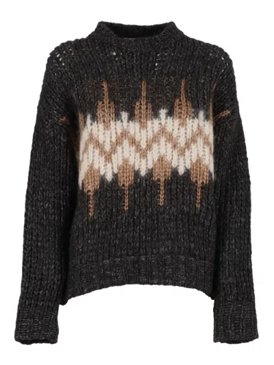 Peserico Cropped Knitted Sweater With Zigzag Pattern In Black