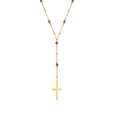 Ross-simons Garnet Rosary Beads With Cross Necklace In 18kt Gold Over Sterling In Gold