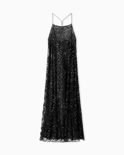 Emporio Armani Long Tulle Dress With All-over Micro-sequin And Jet Embroidery In Black
