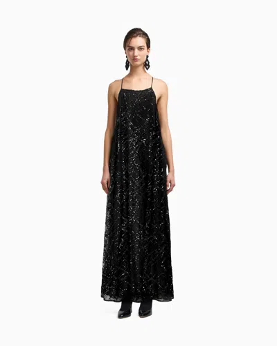Emporio Armani Long Tulle Dress With All-over Micro-sequin And Jet Embroidery In Black