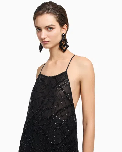 Emporio Armani Long Tulle Dress With All-over Micro-sequin And Jet Embroidery In Black