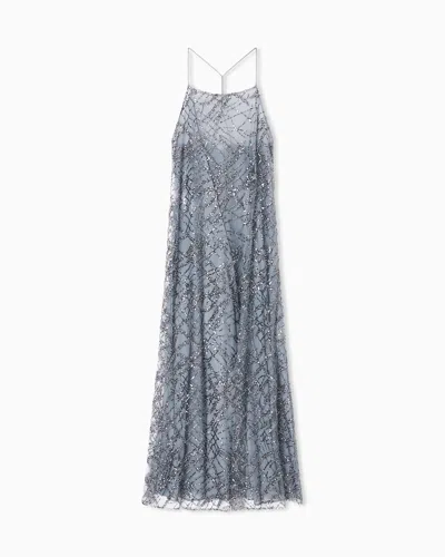 Emporio Armani Long Tulle Dress With All-over Micro-sequin And Jet Embroidery In Gray