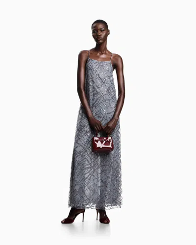 Emporio Armani Long Tulle Dress With All-over Micro-sequin And Jet Embroidery In Gray