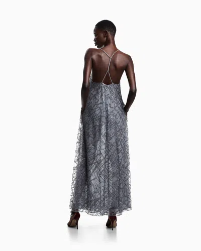 Emporio Armani Long Tulle Dress With All-over Micro-sequin And Jet Embroidery In Gray