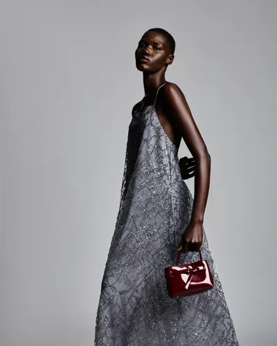 Emporio Armani Long Tulle Dress With All-over Micro-sequin And Jet Embroidery In Gray