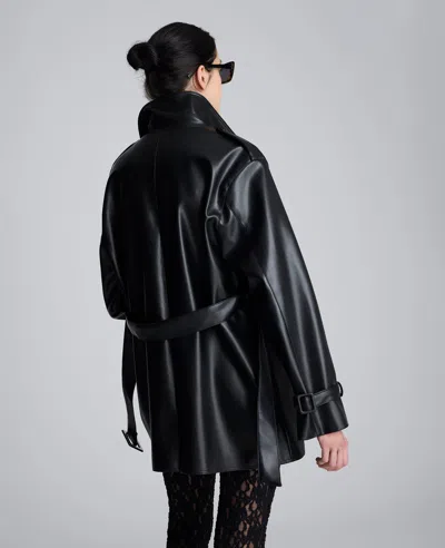 Kenneth Cole Faux Leather Double Breasted Trench In Black