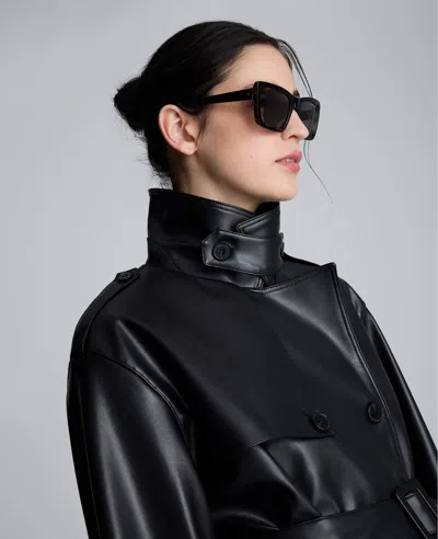 Kenneth Cole Faux Leather Double Breasted Trench In Black