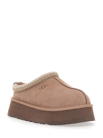 Ugg 'tasman' Beige Mules With Embossed Logo And Platform In Suede Woman In Brown