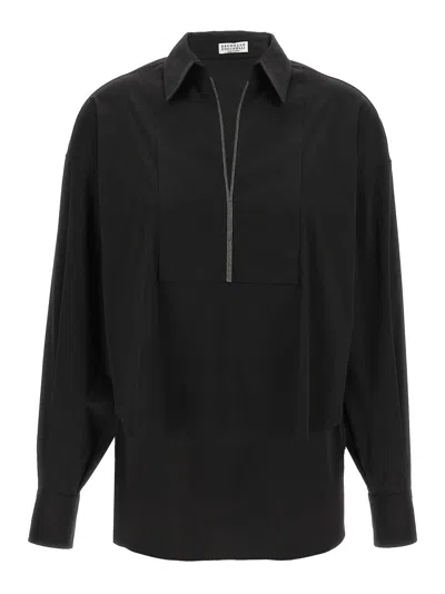 Brunello Cucinelli Collared V-neck Shirt Front Placket Detail In Black