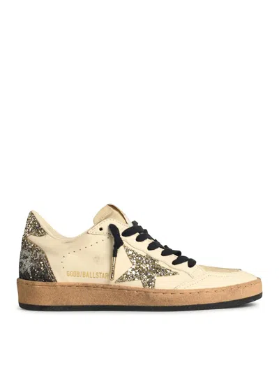 Golden Goose Ballstar White Low Top Sneakers With Glittered Star Patch On The Side And Glittered Heel With Logo L In Multi