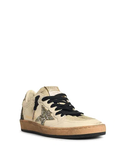 Golden Goose Ballstar White Low Top Sneakers With Glittered Star Patch On The Side And Glittered Heel With Logo L In Multi