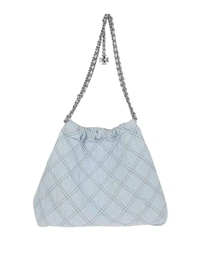Tory Burch 'fleming' Grey Diamond Quilted Shoulder Bag With Chain-link Handles In Leather Woman In Blue