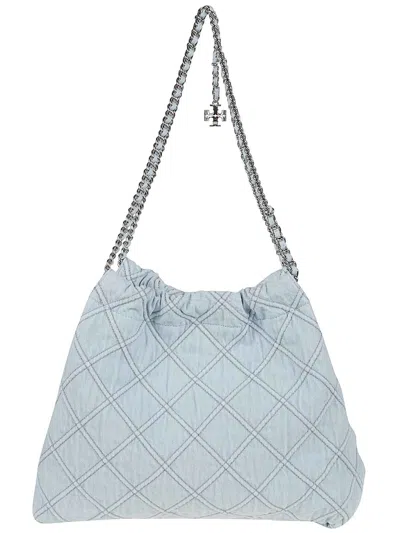 Tory Burch 'fleming' Grey Diamond Quilted Shoulder Bag With Chain-link Handles In Leather Woman In Blue