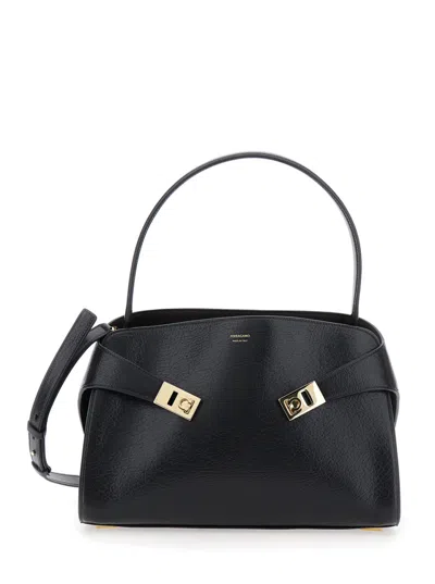 Ferragamo Hug Black Shoulder Bag With Logo Print On The Front In Leather Woman In Multi