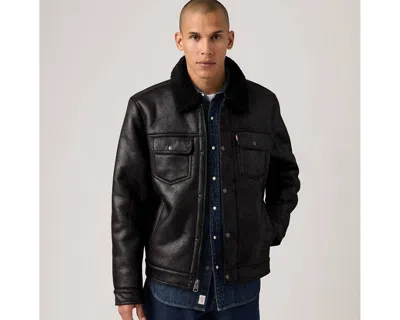 Levi's Two Chest Pocket Faux Shearling Sherpa Collar Jacket In Black