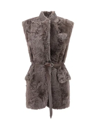 Brunello Cucinelli Leather-trimmed Belted Plush Fabric Gilet In Brown