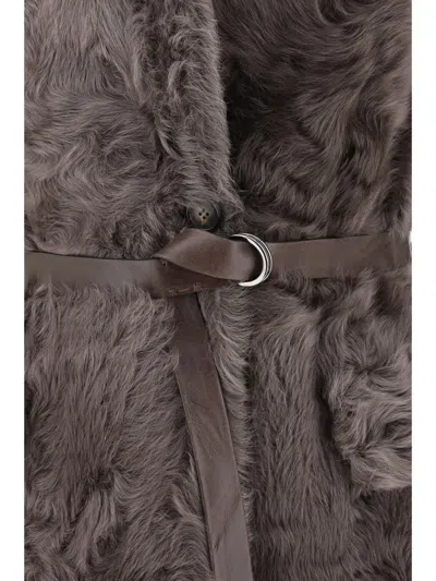 Brunello Cucinelli Leather-trimmed Belted Plush Fabric Gilet In Brown