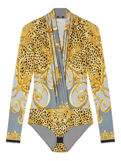 Versace Baroque-print Deep V-neck Bodysuit In Yellow
