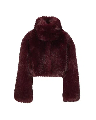 Rotate Birger Christensen Bordeaux Cropped Fur Jacket With Concealed Front Closure In Faux-fur Woman In Burgundy