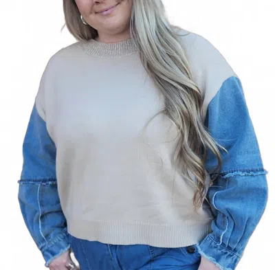 Anniewear Denim Sleeve Contrast Distressed Sweater Top In Beige/denim In Gray