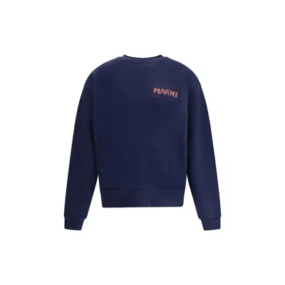 Marni Boxy Navy Blue Cropped Sweater With Bold Logo Patch In Blue
