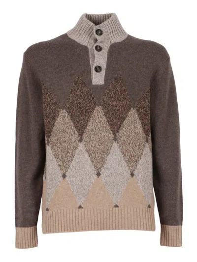 Ballantyne Argyle Pattern Wool Sweater With Buttoned Turtleneck In Brown