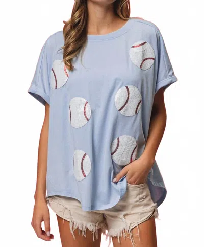 Bibi Sequin Baseball French Terry Pullover In Denim In Blue