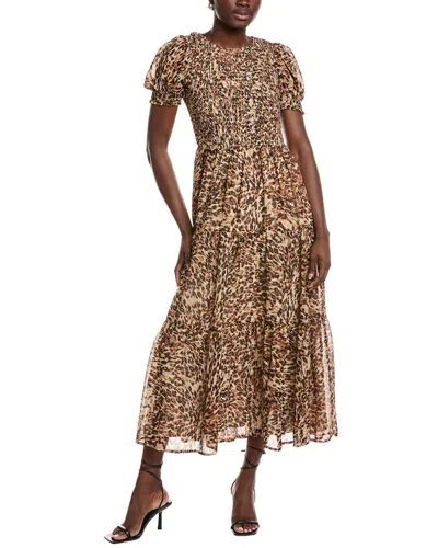 Anne Klein Womens Printed Smocked Puff Sleeve Chiffon Tiered Maxi Dress P Xxs Xxl In Multi