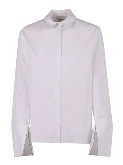 Peserico Crisp White Blouse With Unique Slit Cuffs In Purple