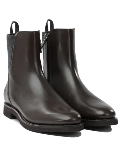 Brunello Cucinelli Chelsea Boot In Matt Calfskin With Shiny Detail In Brown