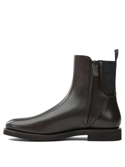 Brunello Cucinelli Chelsea Boot In Matt Calfskin With Shiny Detail In Brown