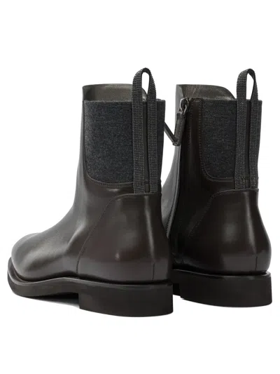 Brunello Cucinelli Chelsea Boot In Matt Calfskin With Shiny Detail In Brown