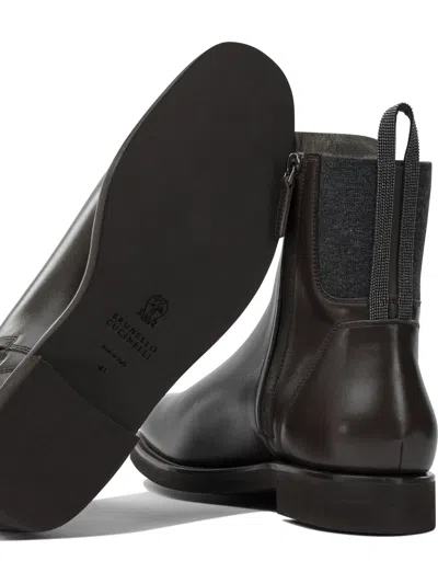 Brunello Cucinelli Chelsea Boot In Matt Calfskin With Shiny Detail In Brown