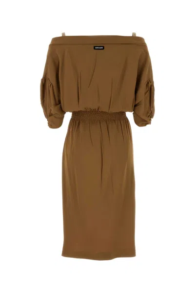 Miu Miu Off-shoulder Midi Dress Featuring Ruched Detail In Brown