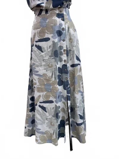 Charlie B Printed Long Linen Skirt W/ Coconut Buttons In Basil In Green