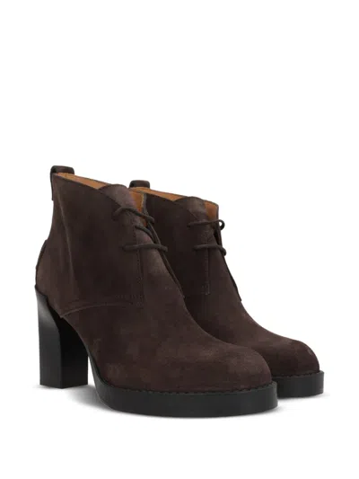 Tod's Brown Suede Ankle Boots With High Block Heel And Lace-up Front