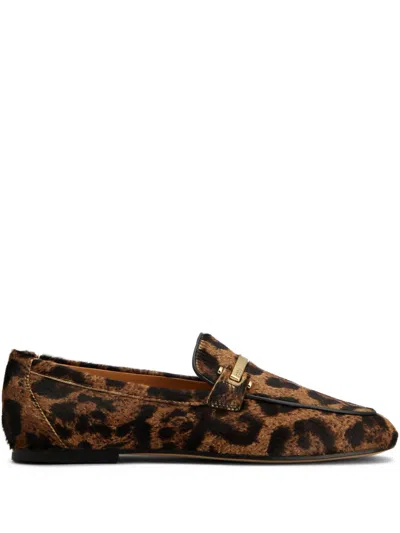 Tod's Brown Loafers With Logo Plaque On The Front And All-over Leopard Motif In Suede Woman In Brown