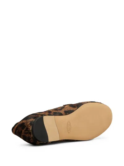 Tod's Brown Loafers With Logo Plaque On The Front And All-over Leopard Motif In Suede Woman In Brown