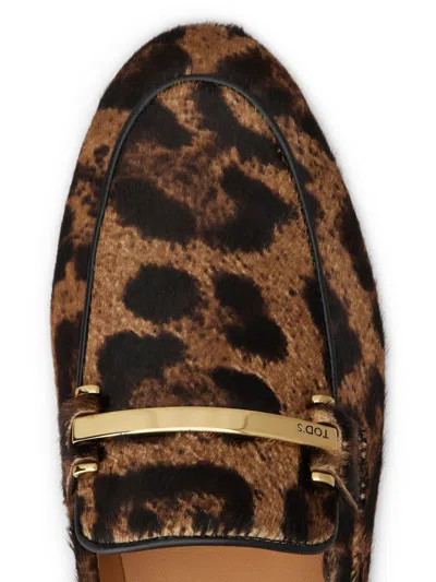 Tod's Brown Loafers With Logo Plaque On The Front And All-over Leopard Motif In Suede Woman In Brown