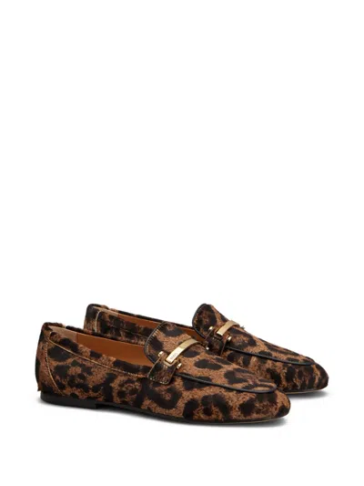 Tod's Brown Loafers With Logo Plaque On The Front And All-over Leopard Motif In Suede Woman In Brown