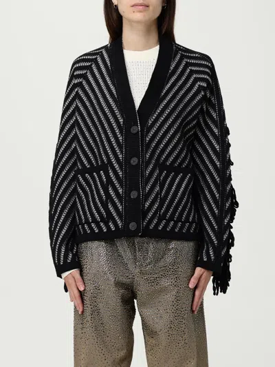 Golden Goose Journey W's Olidia Knit Cardigan Fringe Wool Herringbone Jacquard Knitwear Black In Black