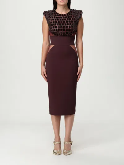 Elisabetta Franchi Fitted Midi Dress With Glossy Embellishments In Burgundy