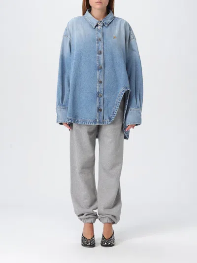 Attico Oversized Embroidered Denim Shirt In Blue