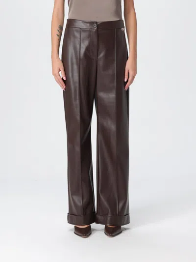 Liu •jo Coated Brown Wide-leg Pants With Pressed Crease And Cuffed Hem In Brown
